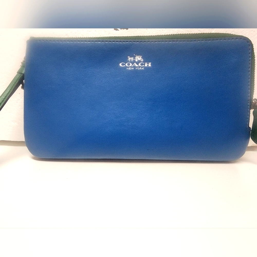 SOLD Coach Like New Blue Green Monogram Double Zip Wallet / Wristlet Like New